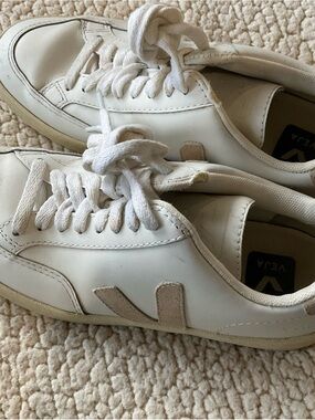 Veja Volley White Leather Sneakers with Beige Suede V Accent